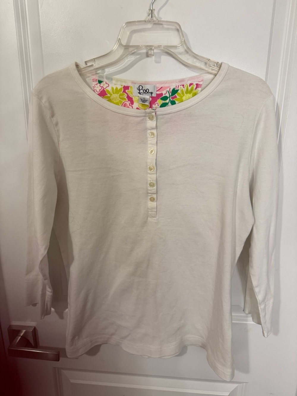 Lilly Pulitzer White Henley with Pink & Green Floral Trim
